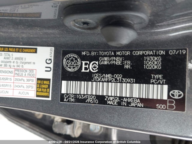 JTDKARFP2L3130931 Toyota Prius