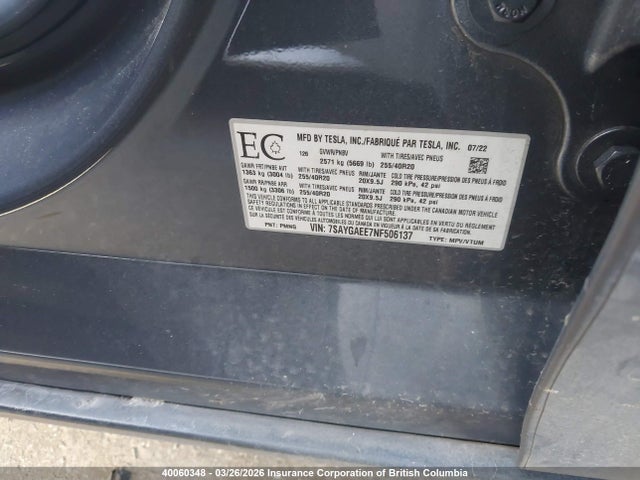 2022 Tesla Model Y მანქანა იყიდება აუქციონზე, vin: 7SAYGAEE7NF506137, აუქციონის ნომერი: 40060348