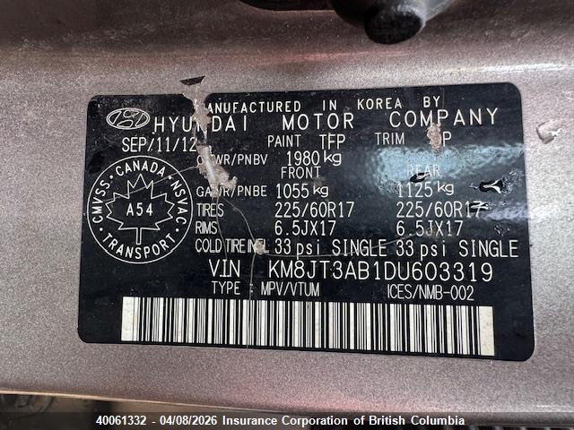 2013 Hyundai Tucson Gl მანქანა იყიდება აუქციონზე, vin: KM8JT3AB1DU603319, აუქციონის ნომერი: 40061332