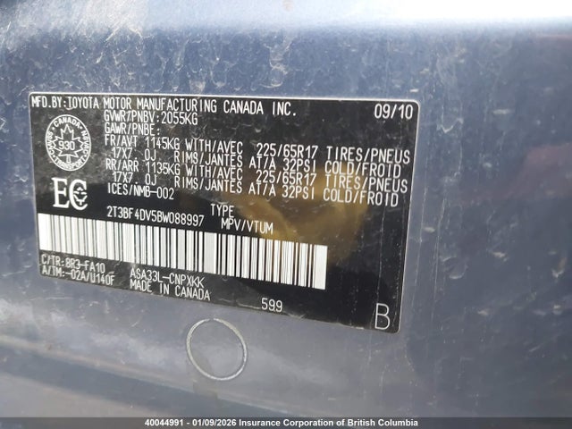 Aukcja sprzedaży 2011 Toyota Rav4, vin: 2T3BF4DV5BW088997, numer aukcji: 40044991