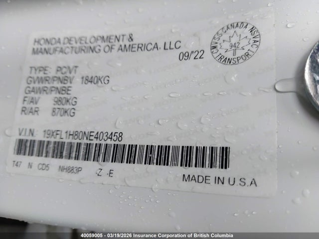19XFL1H80NE403458 Honda Civic Sport Touring
