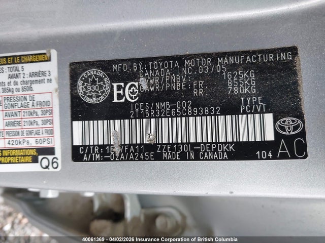 40061369 :رقم المزاد ، 2T1BR32E65C893832 vin ، 2005 Toyota Corolla Ce/le/s مزاد بيع