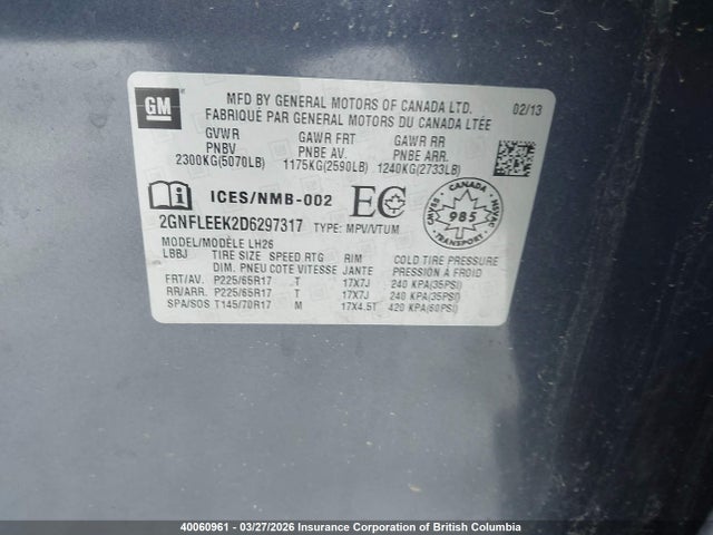40060961 :رقم المزاد ، 2GNFLEEK2D6297317 vin ، 2013 Chevrolet Equinox Lt مزاد بيع