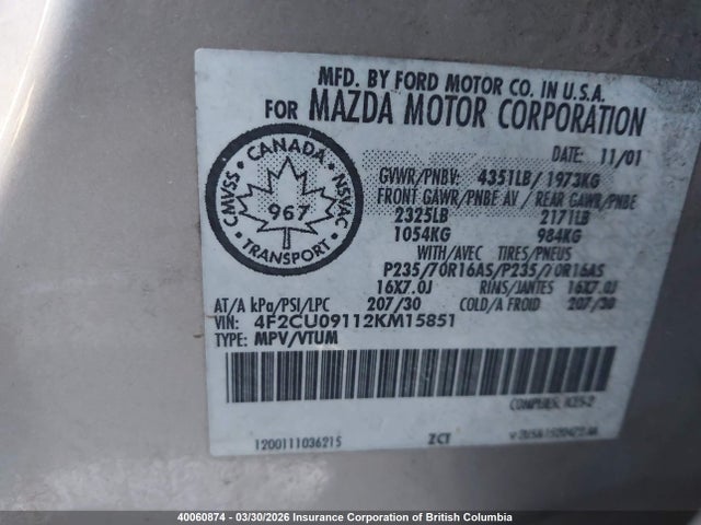 40060874 :رقم المزاد ، 4F2CU09112KM15851 vin ، 2002 Mazda Tribute Lx/es مزاد بيع