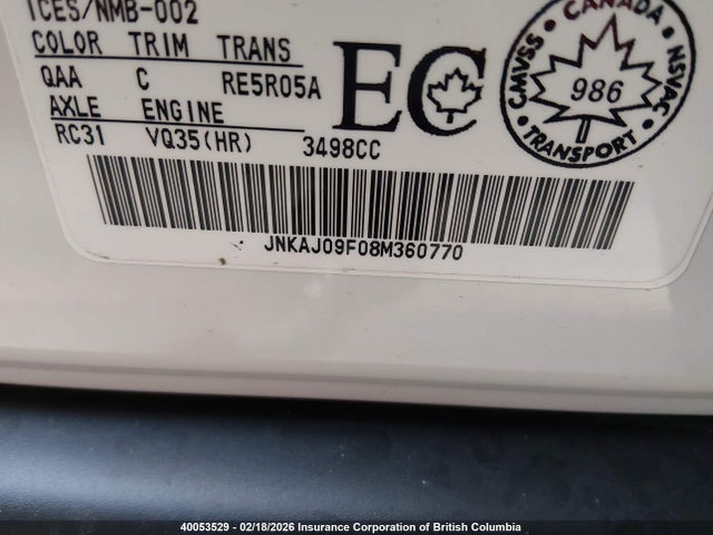 40053529 :رقم المزاد ، JNKAJ09F08M360770 vin ، 2008 Infiniti Ex35 Journey مزاد بيع