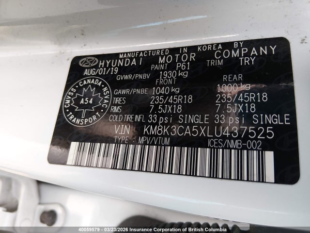 Продаж на аукціоні авто 2020 Hyundai Kona Limited, vin: KM8K3CA5XLU437525, номер лоту: 40059579