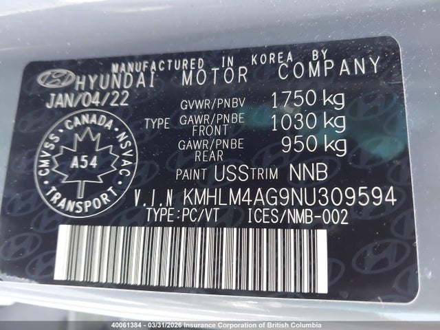 KMHLM4AG9NU309594 Hyundai Elantra Preferred Ivt With Sun And Tech Package