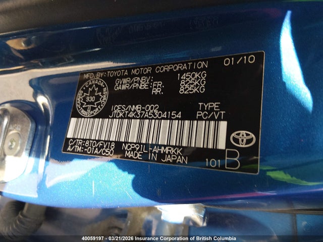 Aukcja sprzedaży 2010 Toyota Yaris, vin: JTDKT4K37A5304154, numer aukcji: 40059197