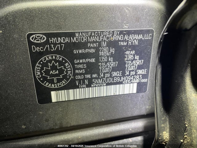 5NMZUDLB9JH094283 Hyundai SANTA FE SPORT
