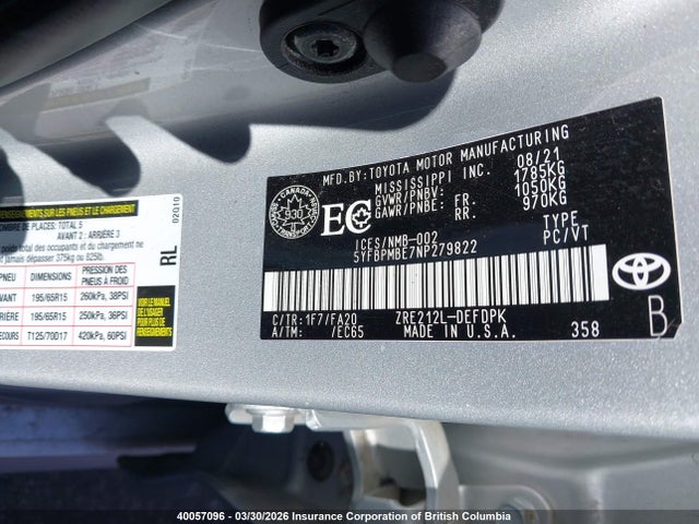 Aukcja sprzedaży 2022 Toyota Corolla Le/xle, vin: 5YFBPMBE7NP279822, numer aukcji: 40057096