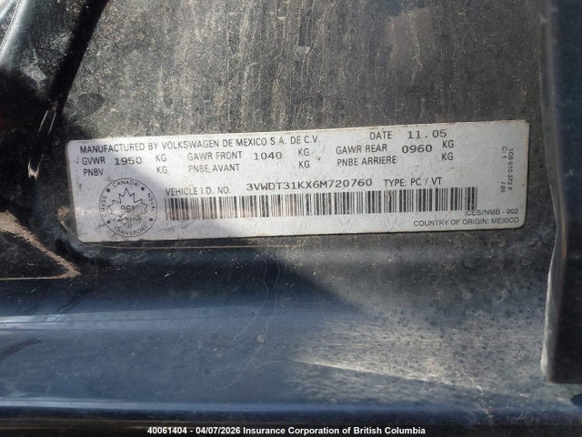 Продажа на аукционе авто 2006 Volkswagen Jetta, vin: 3VWDT31KX6M720760, номер лота: 40061404