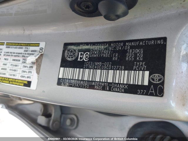 40060981 :رقم المزاد ، 2T1KE40E09C012729 vin ، 2009 Toyota Corolla Matrix S مزاد بيع