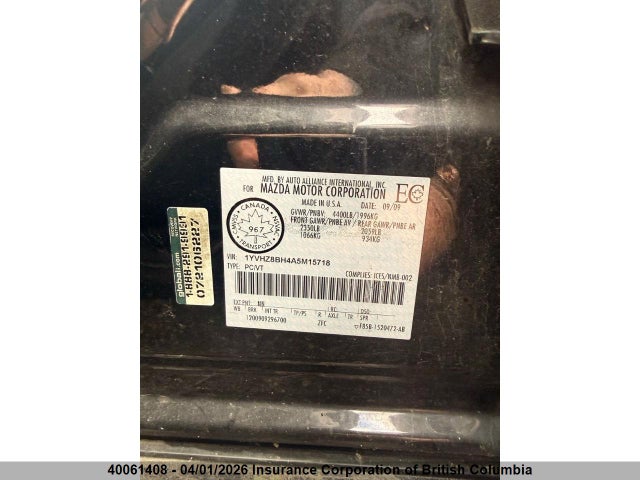 40061408 :رقم المزاد ، 1YVHZ8BH4A5M15718 vin ، 2010 Mazda 6 I مزاد بيع