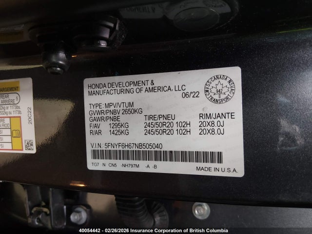 5FNYF6H67NB505040 Honda Pilot Touring