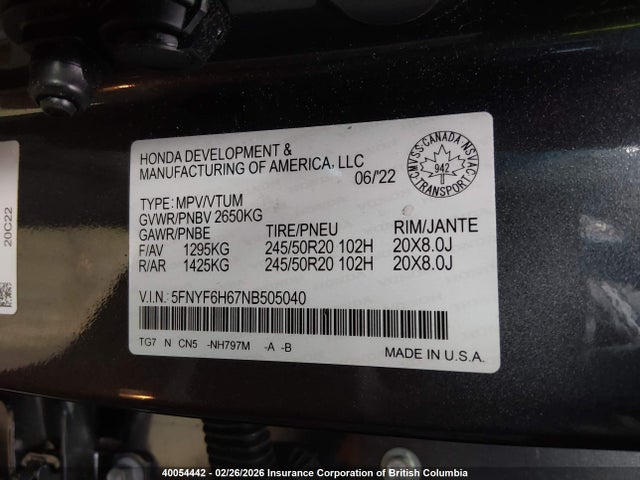 5FNYF6H67NB505040 Honda Pilot Touring