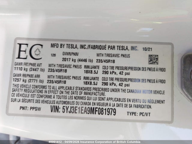 40061412 :رقم المزاد ، 5YJ3E1EA9MF081979 vin ، 2021 Tesla Model 3 مزاد بيع