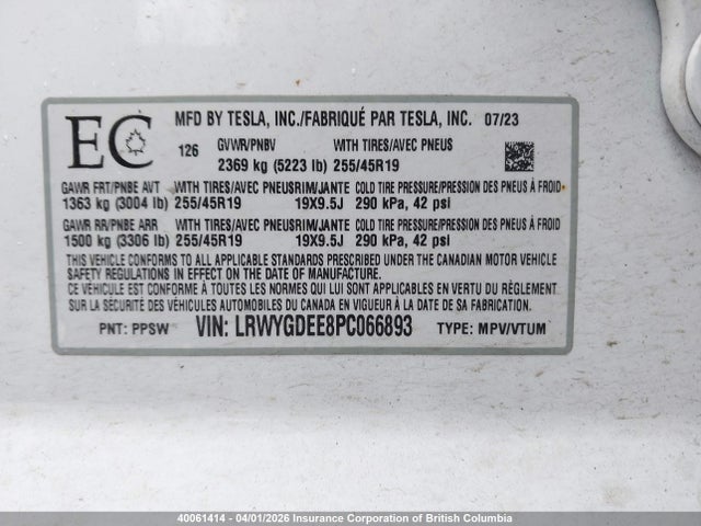 Aukcja sprzedaży 2023 Tesla Model Y Long Range, vin: LRWYGDEE8PC066893, numer aukcji: 40061414