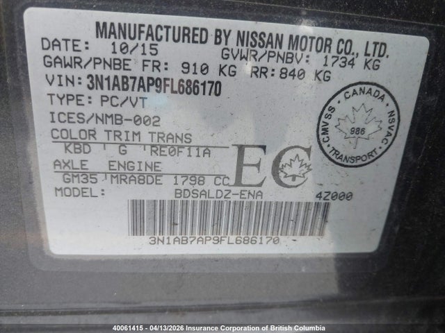 Продаж на аукціоні авто 2015 Nissan Sentra S/sv/sr/sl, vin: 3N1AB7AP9FL686170, номер лоту: 40061415
