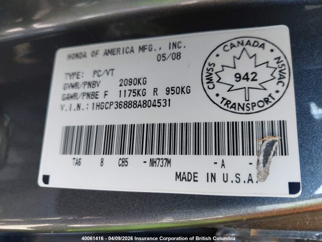 40061416 :رقم المزاد ، 1HGCP36888A804531 vin ، 2008 Honda Accord Exl مزاد بيع