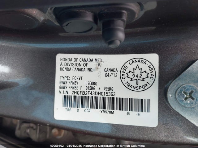 2013 Honda Civic Lx მანქანა იყიდება აუქციონზე, vin: 2HGFB2F43DH015363, აუქციონის ნომერი: 40059562