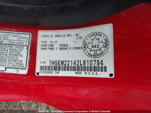 Продаж на аукціоні авто 2002 Honda Civic Dx, vin: 1HGEM22142L810794, номер лоту: 40058709