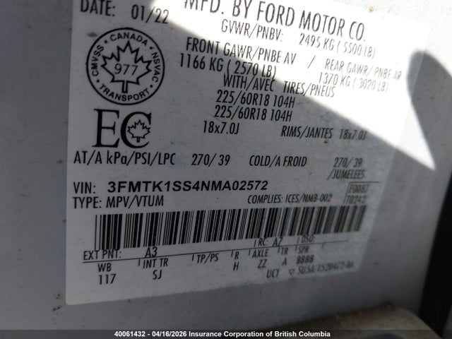 Продажа на аукционе авто 2022 Ford Mustang Mach-e Select, vin: 3FMTK1SS4NMA02572, номер лота: 40061432