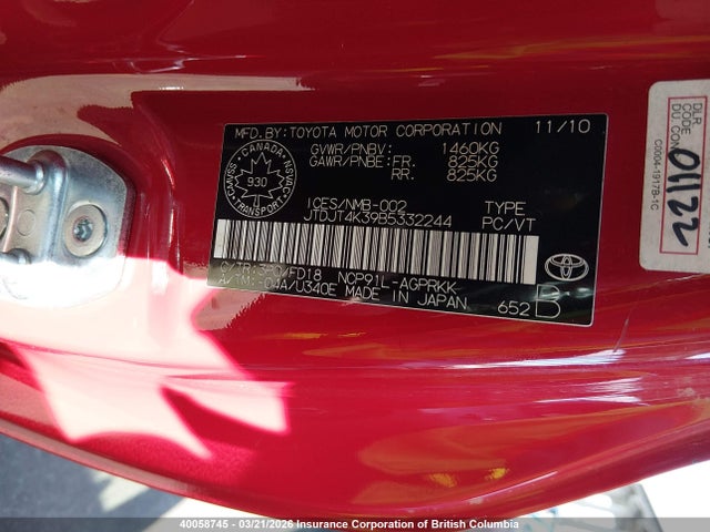 Aukcja sprzedaży 2011 Toyota Yaris, vin: JTDJT4K39B5332244, numer aukcji: 40058745