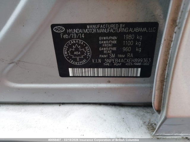 2014 Hyundai Sonata Gls მანქანა იყიდება აუქციონზე, vin: 5NPEB4ACXEH899363, აუქციონის ნომერი: 40058407