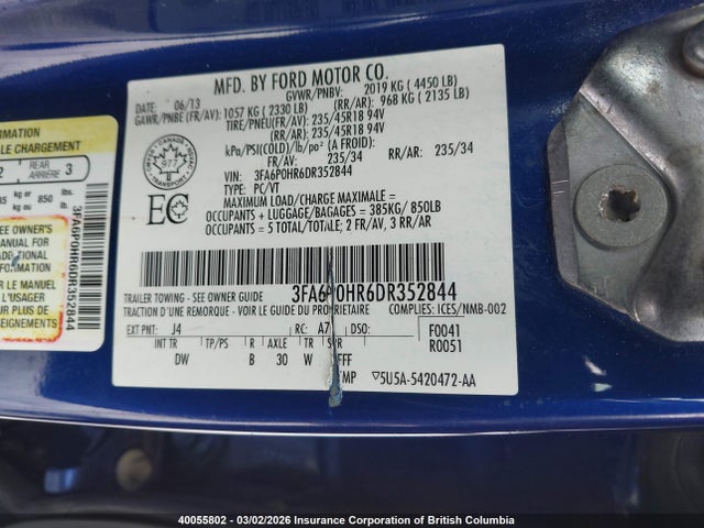 Aukcja sprzedaży 2013 Ford Fusion Se, vin: 3FA6P0HR6DR352844, numer aukcji: 40055802