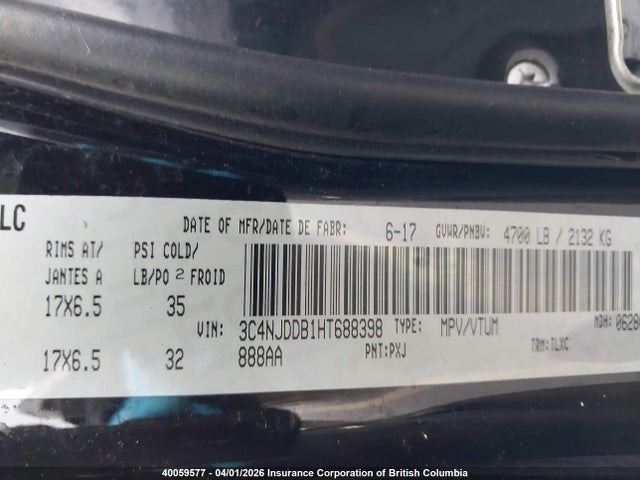 40059577 :رقم المزاد ، 3C4NJDDB1HT688398 vin ، 2017 Jeep Compass Trailhawk مزاد بيع