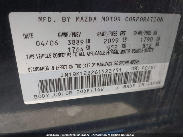 40061475 :رقم المزاد ، JM1BK123261523751 vin ، 2006 Mazda 3 S مزاد بيع