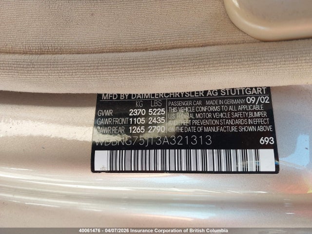 40061476 :رقم المزاد ، WDBNG75J13A321313 vin ، 2003 Mercedes-benz S 500 4matic مزاد بيع