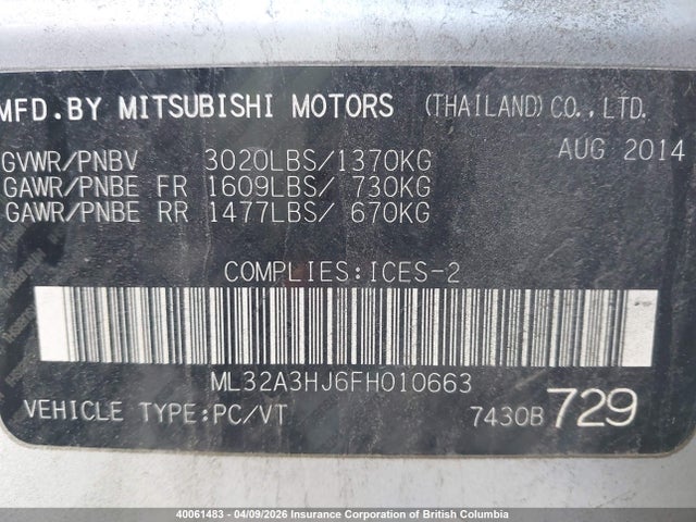 Aukcja sprzedaży 2015 Mitsubishi Mirage De, vin: ML32A3HJ6FH010663, numer aukcji: 40061483