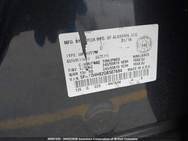 Продажа на аукционе авто 2016 Acura Mdx, vin: 5FRYD4H82GB507694, номер лота: 40061530