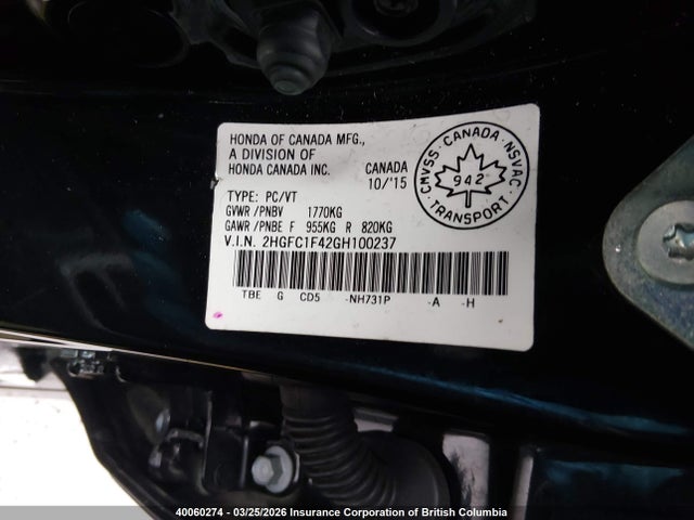 40060274 :رقم المزاد ، 2HGFC1F42GH100237 vin ، 2016 Honda Civic Ex مزاد بيع