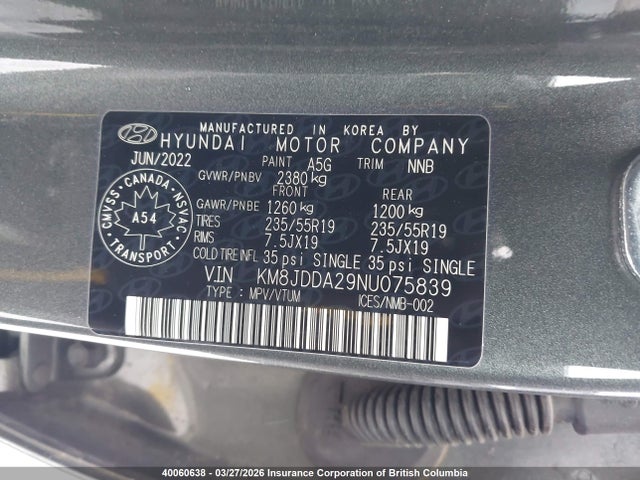 Продаж на аукціоні авто 2022 Hyundai Tucson Luxury/ultimate, vin: KM8JDDA29NU075839, номер лоту: 40060638