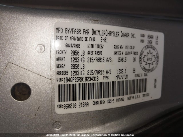 Продажа на аукционе авто 2001 Dodge Caravan Se, vin: 1B4GP25R01B234316, номер лота: 40060919