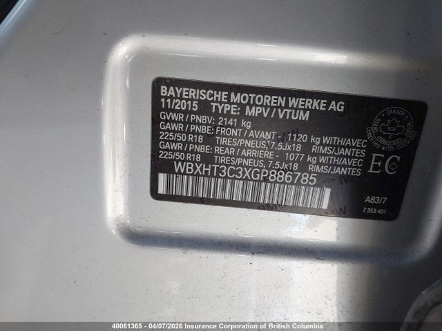 40061365 :رقم المزاد ، WBXHT3C3XGP886785 vin ، 2016 Bmw X1 Xdrive28i مزاد بيع