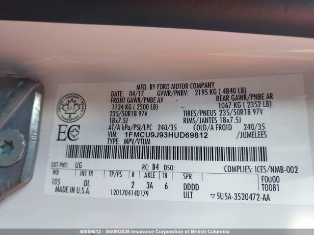 1FMCU9J93HUD69812 Ford Escape Titanium