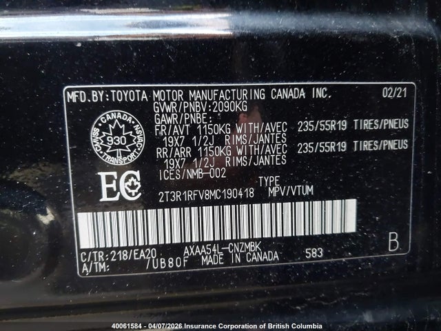 Aukcja sprzedaży 2021 Toyota Rav4, vin: 2T3R1RFV8MC190418, numer aukcji: 40061584