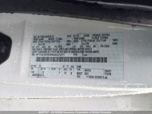 40057337 :رقم المزاد ، 1FTNE2EW2ADA37271 vin ، 2010 Ford Econoline E250 Van مزاد بيع