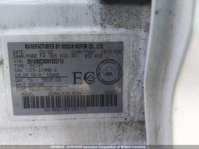 3N1AB8CV6NY265719 Nissan SENTRA SV