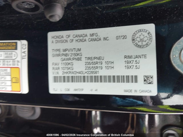 2020 Honda Cr-v მანქანა იყიდება აუქციონზე, vin: 2HKRW2H40LH228581, აუქციონის ნომერი: 40061596