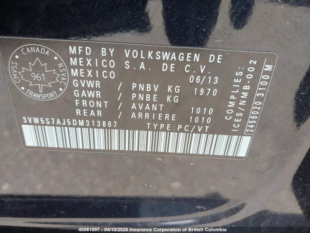 40061597 :رقم المزاد ، 3VW5S7AJ5DM313867 vin ، 2013 Volkswagen Jetta مزاد بيع