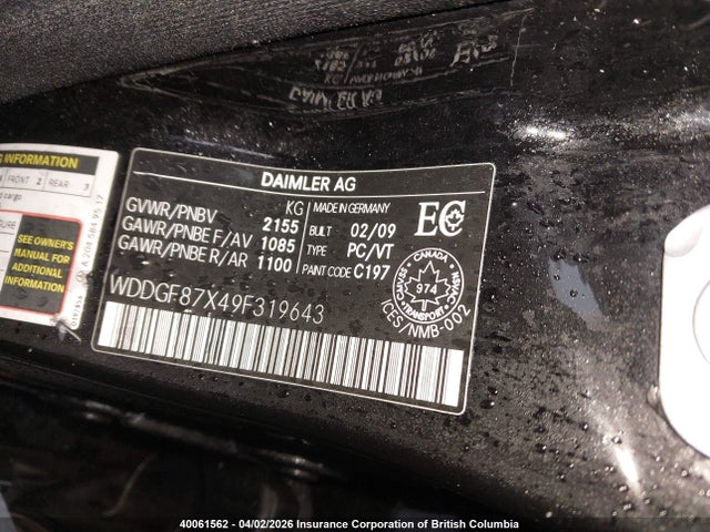40061562 :رقم المزاد ، WDDGF87X49F319643 vin ، 2009 Mercedes-benz C 350 4matic مزاد بيع