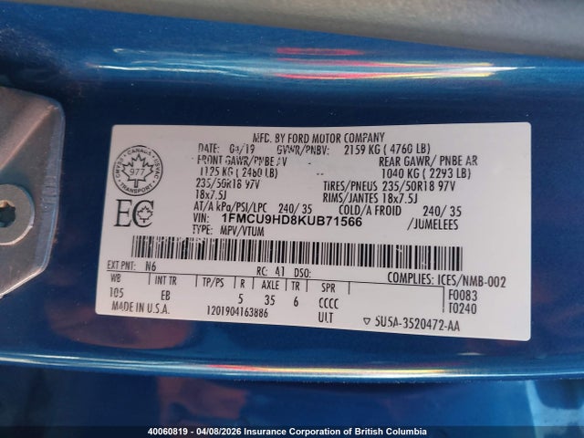 1FMCU9HD8KUB71566 Ford ESCAPE SEL