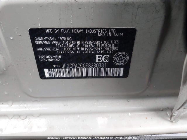 Aukcja sprzedaży 2015 Subaru Xv Crosstrek 2.0 Premium, vin: JF2GPACC0F8230381, numer aukcji: 40058576