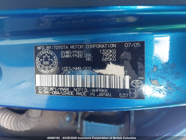 2005 Toyota Echo მანქანა იყიდება აუქციონზე, vin: JTDKT123750094799, აუქციონის ნომერი: 40060192