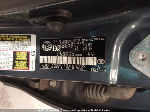 40055154 :رقم المزاد ، 2T1BURHE8GC690484 vin ، 2016 Toyota Corolla L/le/le Pls/prm/s/s Pls مزاد بيع