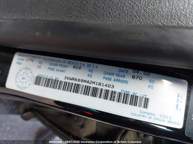 40060406 :رقم المزاد ، 3VWRK69M42M181403 vin ، 2002 Volkswagen Jetta Gl مزاد بيع
